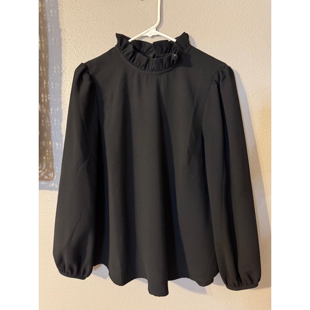 J Crew Top M Medium Black Ruffle Crew Neck Washable Long Sleeve Classic - Picture 12 of 12